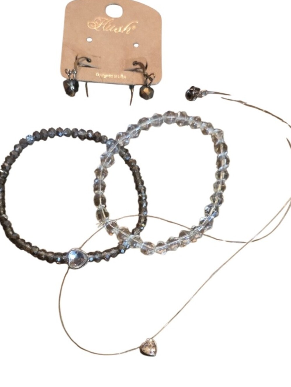 Clear and Grey Beaded Bracelet Set with Heart Charm - Neckalce